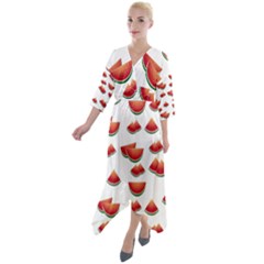 Summer Watermelon Pattern Quarter Sleeve Wrap Front Maxi Dress