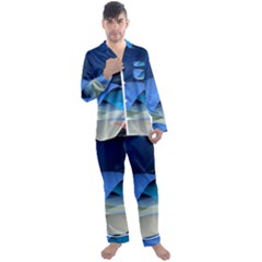 Flower Background Blue Design Men s Long Sleeve Satin Pajamas Set