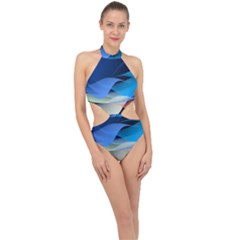 Flower Background Blue Design Halter Side Cut Swimsuit