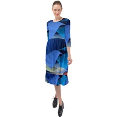 Flower Background Blue Design Ruffle End Midi Chiffon Dress