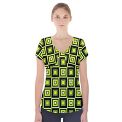 Green Pattern Square Squares Short Sleeve Front Detail Top
