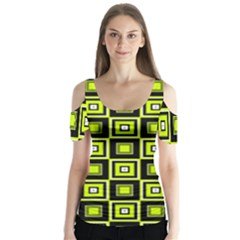 Green Pattern Square Squares Butterfly Sleeve Cutout Tee 