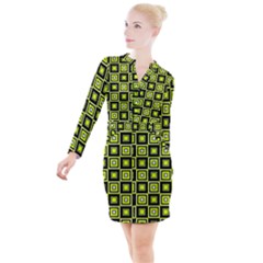 Green Pattern Square Squares Button Long Sleeve Dress