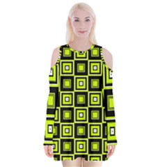 Green Pattern Square Squares Velvet Long Sleeve Shoulder Cutout Dress by Dutashop