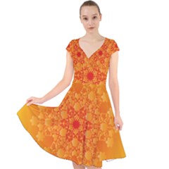Fractal Yellow Orange Cap Sleeve Front Wrap Midi Dress