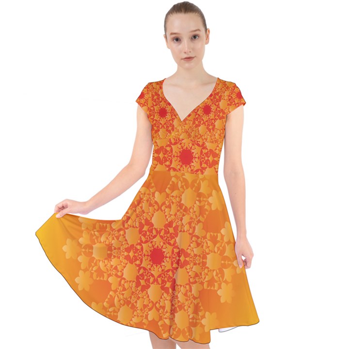 Fractal Yellow Orange Cap Sleeve Front Wrap Midi Dress