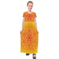 Fractal Yellow Orange Kids  Short Sleeve Maxi Dress by Dutashop