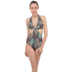 Leaf Brown Halter Front Plunge Swimsuit by Dutashop