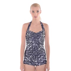 Interlace Black And White Pattern Boyleg Halter Swimsuit  by dflcprintsclothing