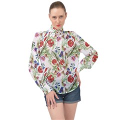 Summer Flowers Pattern High Neck Long Sleeve Chiffon Top by goljakoff