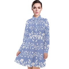 Blue white ornament Long Sleeve Chiffon Shirt Dress