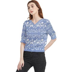 Blue white ornament Quarter Sleeve Blouse