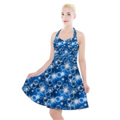 Star Hexagon Deep Blue Light Halter Party Swing Dress 