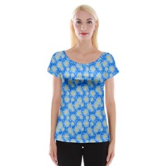 Hydrangea Blue Glitter Round Cap Sleeve Top