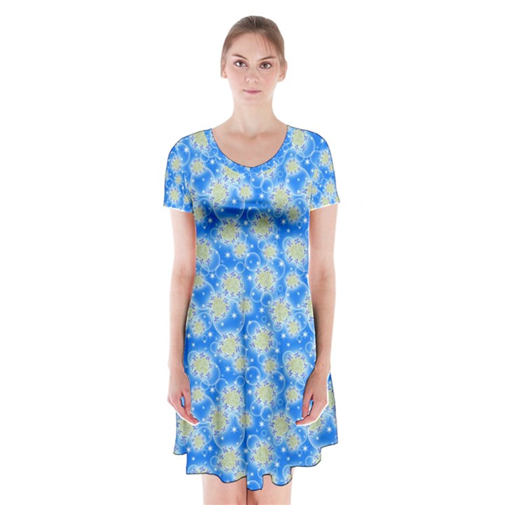 Hydrangea Blue Glitter Round Short Sleeve V-neck Flare Dress