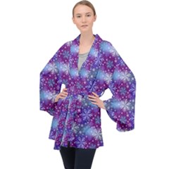 Snow Blue Purple Tulip Long Sleeve Velvet Kimono 