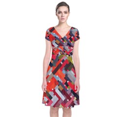 Maze Abstract Texture Rainbow Short Sleeve Front Wrap Dress