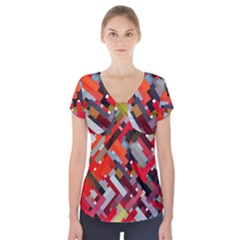 Maze Abstract Texture Rainbow Short Sleeve Front Detail Top