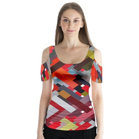 Maze Abstract Texture Rainbow Butterfly Sleeve Cutout Tee  by Dutashop