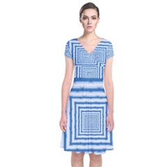 Metallic Blue Shiny Reflective Short Sleeve Front Wrap Dress
