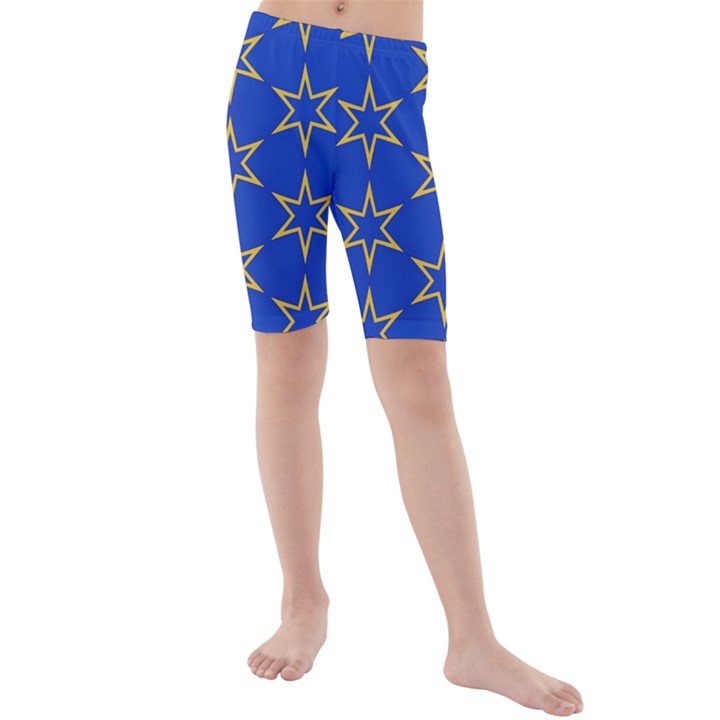 Star Pattern Blue Gold Kids  Mid Length Swim Shorts