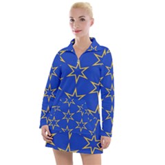 Star Pattern Blue Gold Women s Long Sleeve Casual Dress