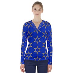 Star Pattern Blue Gold V-neck Long Sleeve Top