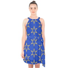 Star Pattern Blue Gold Halter Collar Waist Tie Chiffon Dress