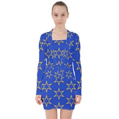 Star Pattern Blue Gold V-neck Bodycon Long Sleeve Dress