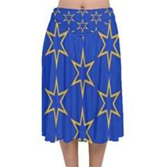 Star Pattern Blue Gold Velvet Flared Midi Skirt by Dutashop