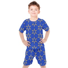 Star Pattern Blue Gold Kids  Tee And Shorts Set