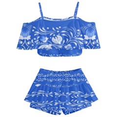 Blue Flowers Kids  Off Shoulder Skirt Bikini by Eskimos