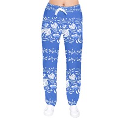 Blue Flowers Women Velvet Drawstring Pants by Eskimos