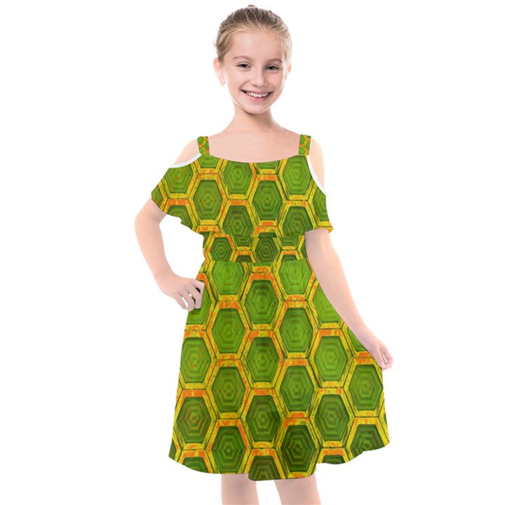 Hexagon Windows Kids  Cut Out Shoulders Chiffon Dress