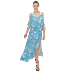 Blue White Flowers Maxi Chiffon Cover Up Dress