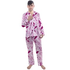 Dark Pink Flowers Men s Long Sleeve Satin Pajamas Set by Eskimos