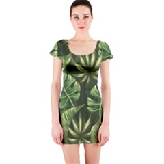 Green Tropical Leaves Short Sleeve Bodycon Dress by goljakoff