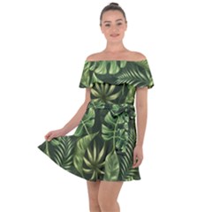 Green Tropical Leaves Off Shoulder Velour Dress by goljakoff