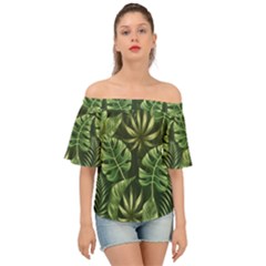 Green Tropical Leaves Off Shoulder Short Sleeve Top by goljakoff