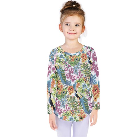 Flowers And Peacock Kids  Long Sleeve Tee by goljakoff