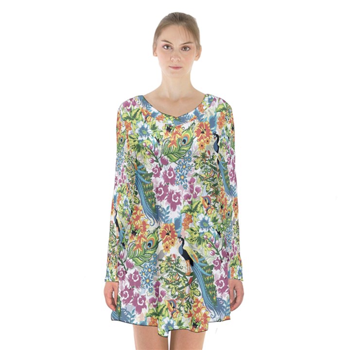 Flowers and peacock Long Sleeve Velvet V-neck Dress