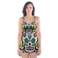 Sugar Skulls Pattern Skater Dress Swimsuit by ExtraGoodSauce