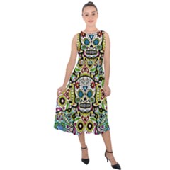 Sugar Skulls Pattern Midi Tie-back Chiffon Dress