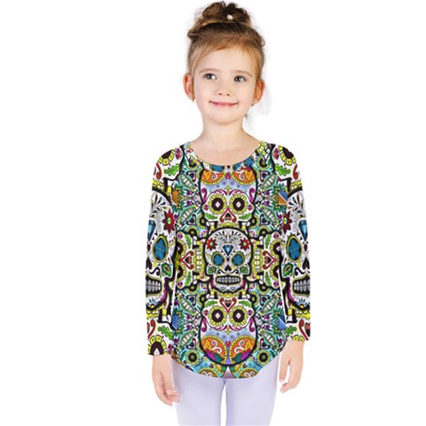 Sugar Skulls Pattern Kids  Long Sleeve Tee by ExtraGoodSauce