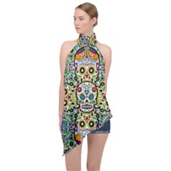 Sugar Skulls Pattern Halter Asymmetric Satin Top