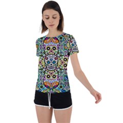 Sugar Skulls Pattern Back Circle Cutout Sports Tee by ExtraGoodSauce