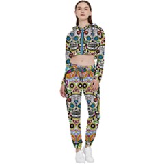 Sugar Skulls Pattern Cropped Zip Up Lounge Set by ExtraGoodSauce