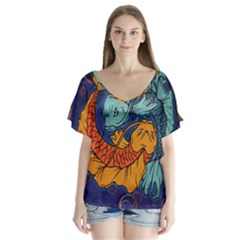 Koi Fish V-neck Flutter Sleeve Top by ExtraGoodSauce