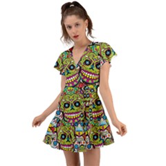 Sugar Skulls Flutter Sleeve Wrap Dress by ExtraGoodSauce