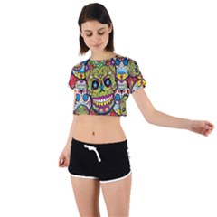 Sugar Skulls Tie Back Short Sleeve Crop Tee by ExtraGoodSauce